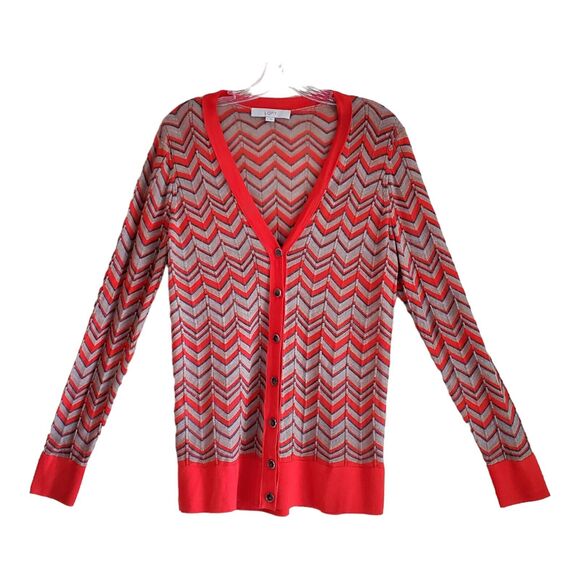 LOFT Ann Taylor Women's L Cardigan Sweater Wool Blend Orange Beige Zig Zag 38" - Picture 1 of 9